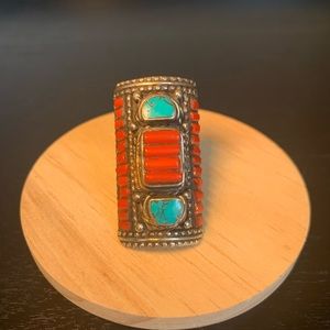 Vintage Silver Turquoise Red Coral  Ring